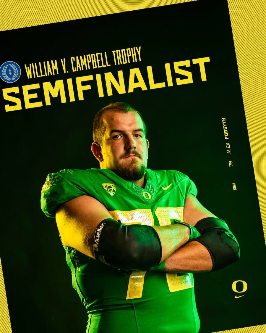 oregonfootball's tweet photo. Academic success.

Football performance.

Exemplary leadership.

@alexforsyth75 is a semifinalist for the prestigious William V. Campbell Trophy! 🦆

#GoDucks x @NFFNetwork https://t.co/KXR9CBlCmv