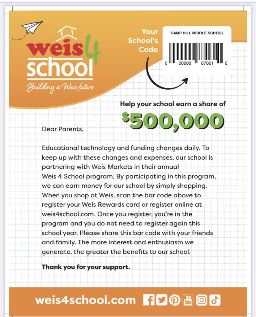 chmshsa's tweet photo. MSHSA is participating in the Weis 4 School Program for the 22-23 school year.  Please register your card so that when you shop at Weis we can raise cash to support our students and teachers! https://t.co/h4zLLn4By6