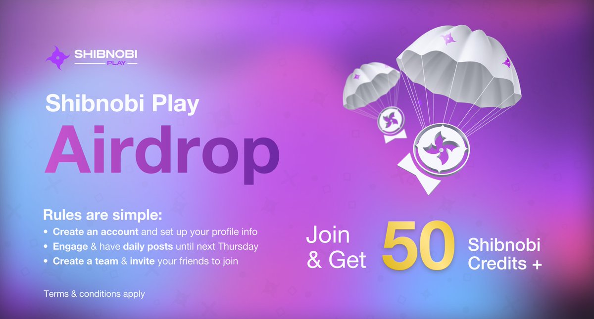 #Shibnobi_Play Airdrop

play.shibnobi.com

The rules are simple:
- Create an account &amp; Setup your profile info
- Engage &amp; have daily posts until next Thursday
- Create a team &amp; invite your friends to join