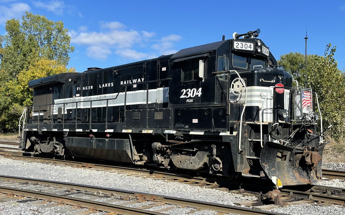CayugaValley's tweet photo. Finger Lakes Railway B23-7 2304 has taken over AY1 (Auburn Yard Job) duties and is seen basking in the fall afternoon sunshine in the Auburn Yard today. M.A.Fritz Photograph. https://t.co/nMDA8X96HW