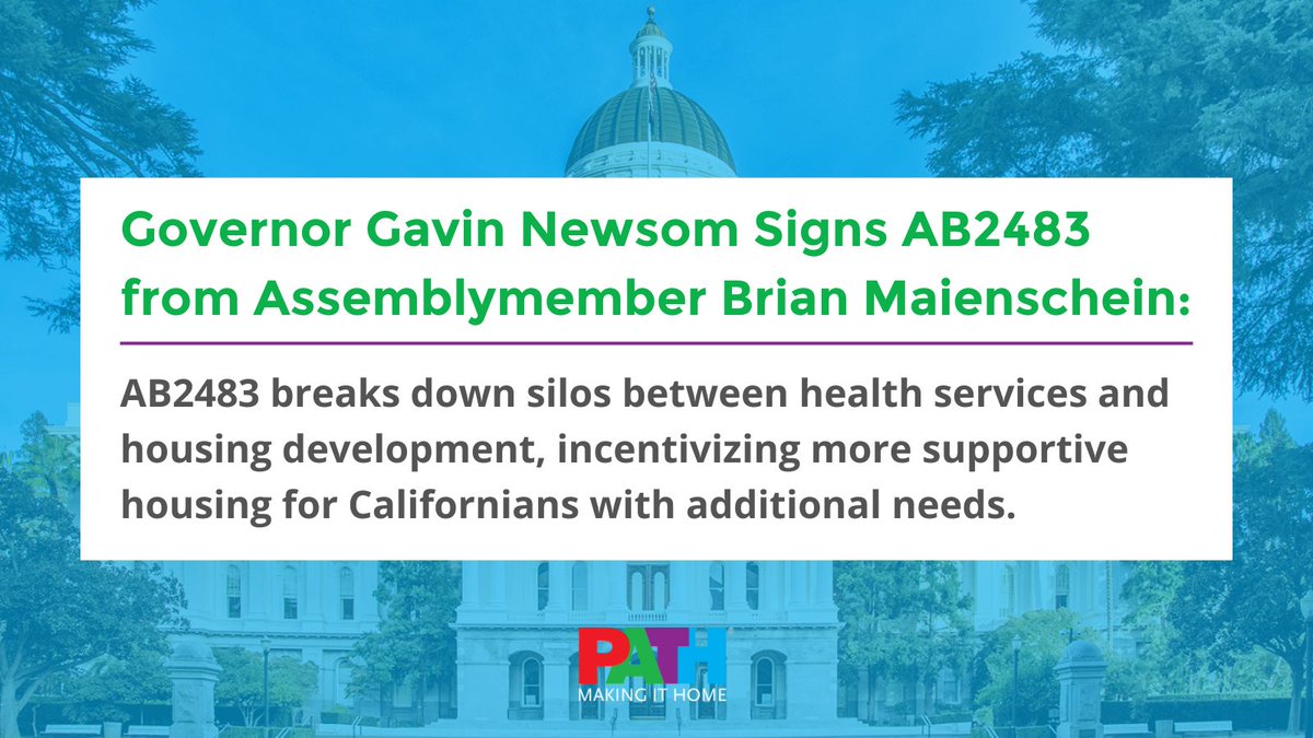 We know that housing insecurity and health issues often overlap. Supportive housing is the key, but CA hasn’t incorporated its health programs in housing development. Until today, thanks to @CAGovernor Newsom signing #AB2483 from @BMaienschein!