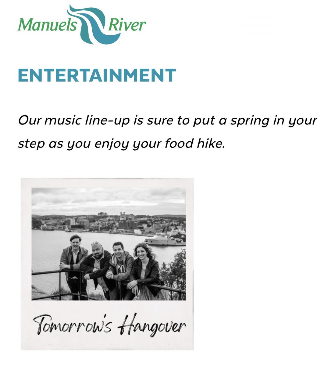 TMRsHangover's tweet photo. DOUBLE PLAY SATURDAY!!! Barm-barm-barm-barrrrrmmmp!

That’s right! There are TWO chances to see your favourite band this weekend!

@ManuelsRiver Chefs for Trails Oct. 1, 1-4pm 
(Tix: https://t.co/odCeyK6Z4R)

At 10pm, catch the band (minus Jen) at Shenanigan's Pub, CBS
($5 cover) https://t.co/a1dobP95dD