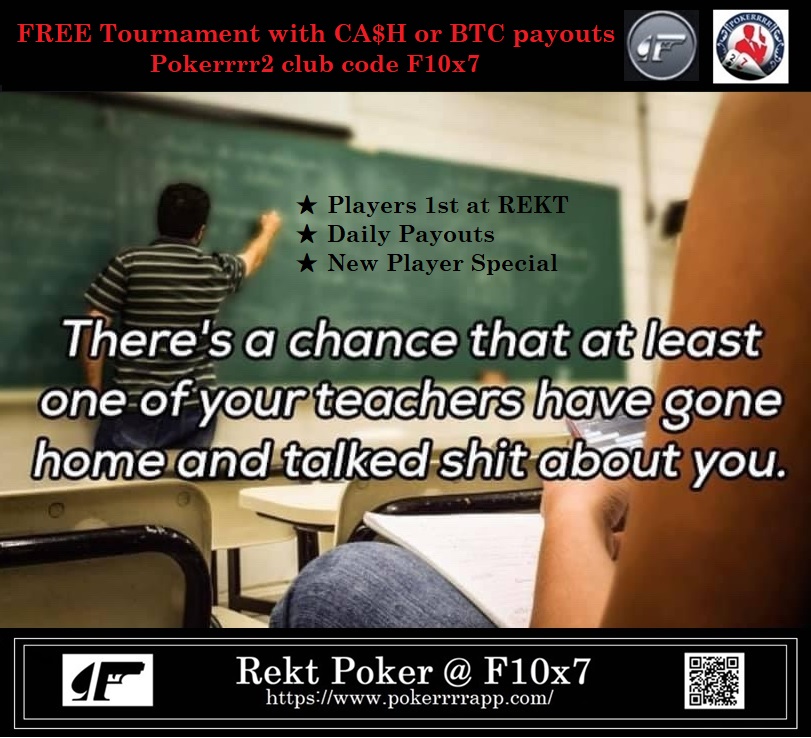 RektPoker's tweet photo. โ
5 Winners! โ
See Prize tab for payouts โ
โNo Showsโ removed immediately โ
Rekt Poker at F10x7
#bettingtipster #professional #proplayer #professionalplayer #pppokerbrasil #propoker #propokerplayer #onlinepoker #onlinepokerplayer #onlinepokerlife #pokeronline #omahapoker https://t.co/taln6MojtE