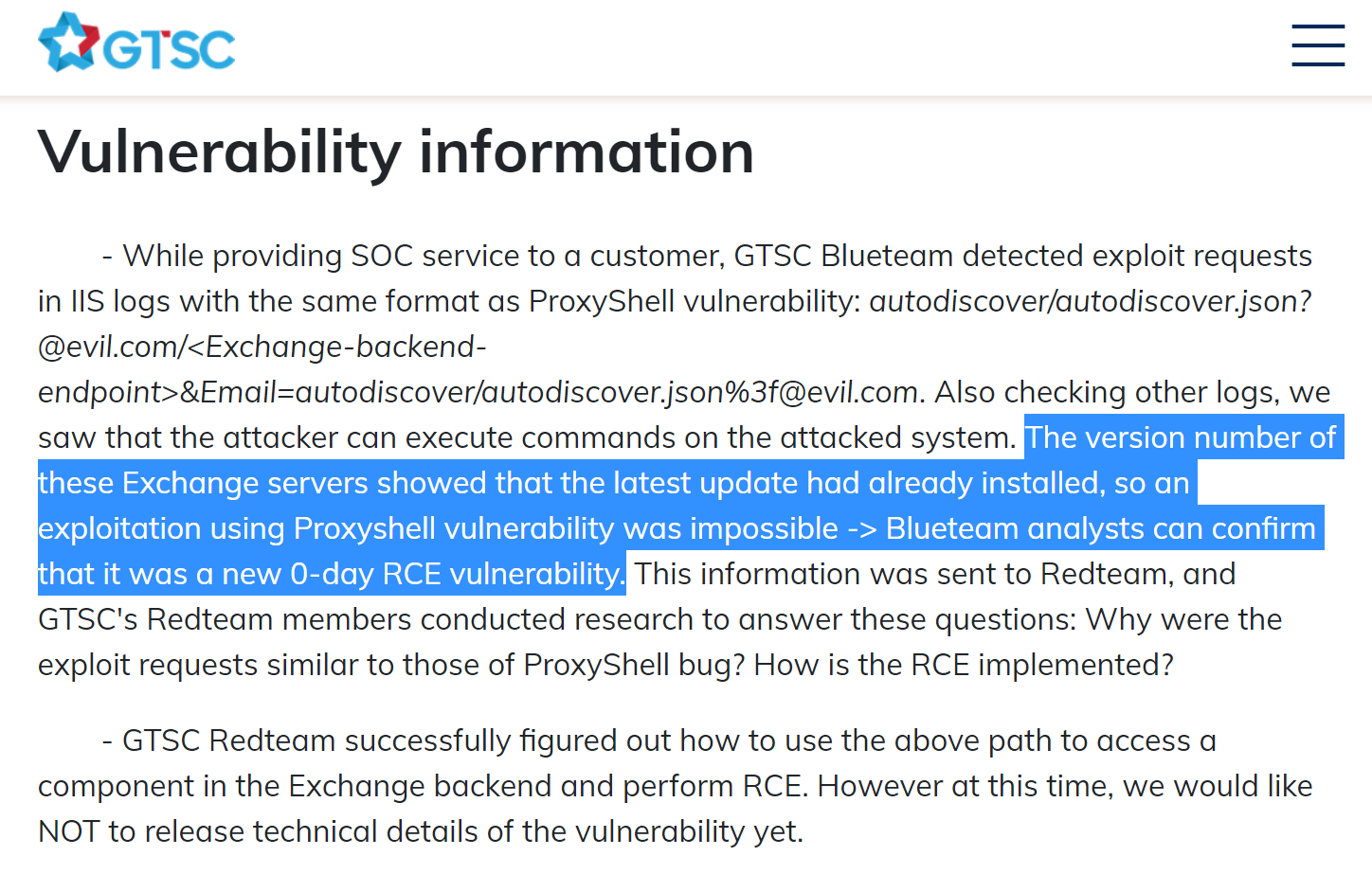 GTSC vulnerability screenshot