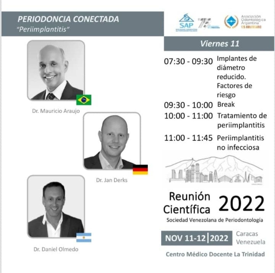 svperiodoncia's tweet photo. Reunión Científica 11 Nov : _TRANSMISIÓN EN VIVO_ 
  HORA: 7:30  a  11:45 am
PERIODONCIA-IMPLANTES 

Dr Mauricio Araujo
Dr Jan Derk
Dr. Daniel Olmedo

 *Inscripciones* : @cmdlatrinidad
02129496249 / 02129496449
https://t.co/VYrOdAoBx7 https://t.co/hpTCfb7KFG