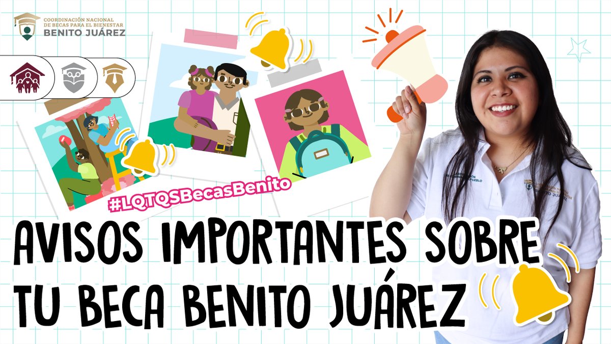BecasBenito's tweet photo. ☝️Si eres becaria o becario de:  

Educación #Básica 👧👦  
#MediaSuperior 👩‍🎓🧑‍🎓  
Educación #Superior 🎓

📢🛑 ¡Checa el #LQTQSBecasBenito de esta semana!

Tenemos 𝘼𝙑𝙄𝙎𝙊𝙎 𝙄𝙈𝙋𝙊𝙍𝙏𝘼𝙉𝙏𝙀𝙎 sobre tu #BecaBenitoJuárez 📚✨

¡Corre a verlo! ▶️ https://t.co/1DCOZjDKgP https://t.co/fRfRzazdXp