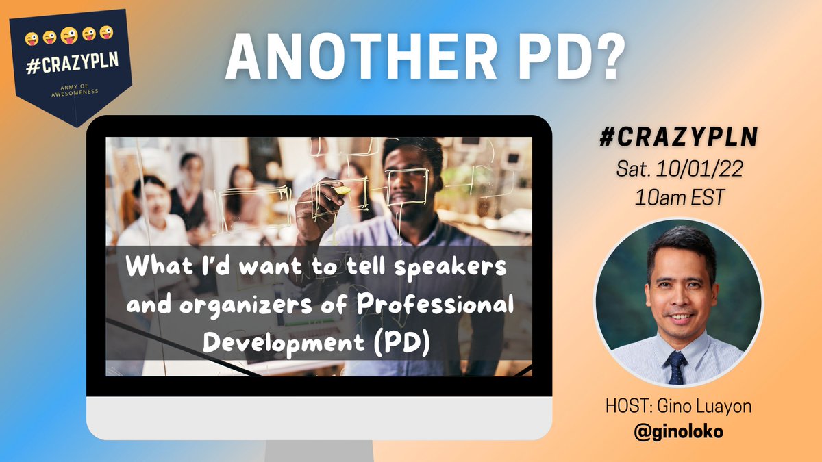 tonnet's tweet photo. Top story: @CrazyPln: 'Another PD?  What I'd want to tell speakers and organizers of Professional Development (PD)

Sat Oct 1st at 10am EST 
Host: #edchatPH moderator @ginoloko !!!

Look forward to seeing you there.... … https://t.co/CuKZ0e2nSN, see more https://t.co/YBMKkhu6Mp