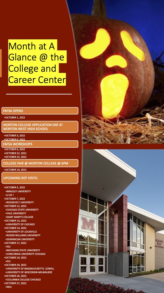 College_Career1's tweet photo. With October coming up just means things will be picking up at the College and Career Center! Here’s a glimpse of what will be happening this Spooky Szn! 👻🎃📚#MortonMustangs #OrgulloMorton #College #Career #highschool #RepVisits #FAFSA https://t.co/xcRxgd01ct