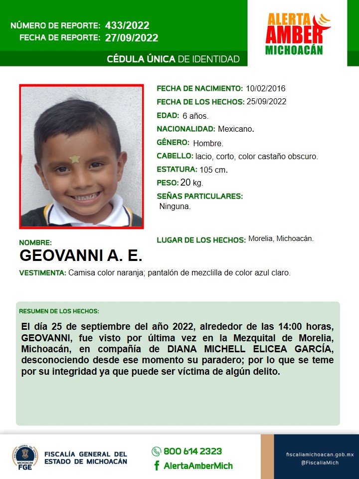 AlertaAmberMich's tweet photo. Solicitamos su apoyo para la búsqueda y localización de GEOVANNI A.E. de 06 de años de edad. #AlertaAmberMx #AlertaAmberMich #FGEMich @botDesaparecidx https://t.co/xL4COCfa5D