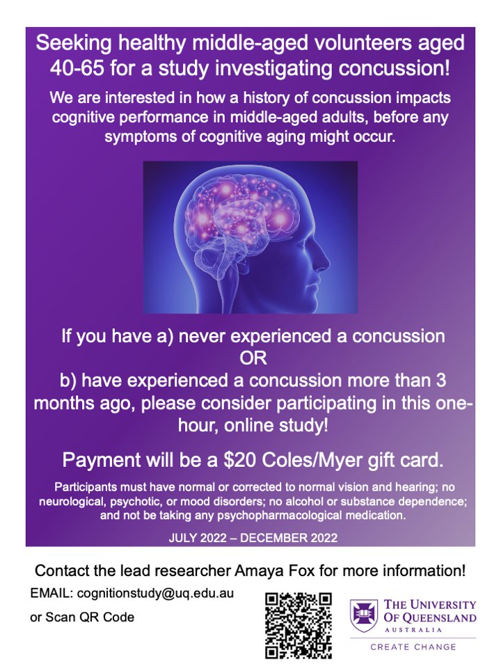 Hey everyone! I’m seeking healthy, middle-aged Australian adults aged 40-65 years to participate in an online study investigating concussions. Please pass this along to anyone who might be interested in participating! 🙂
