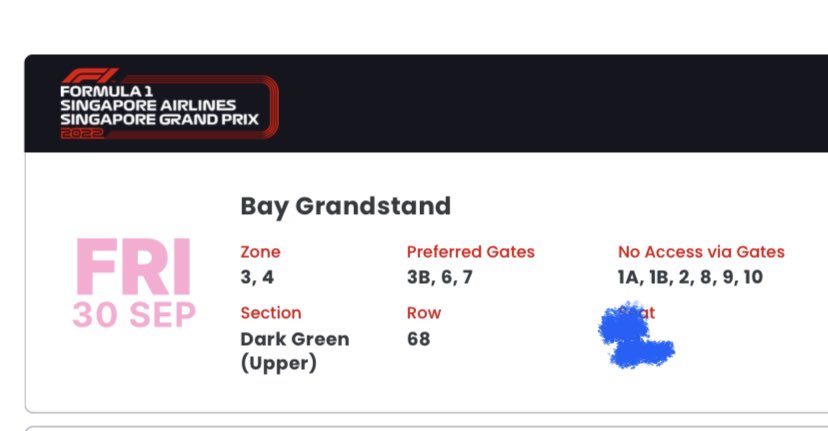cuameni's tweet photo. i’m selling my F1 Singapore GP today’s ticket (30 sept)

Ticket cat: Bay Grandstand (Dark Green Section, Row 68, (i’ll tell the seat number on dm)
Price: 40 SGD much cheaper than the original price (98 SGD)

payment via paypal https://t.co/yrAl1tHGIS