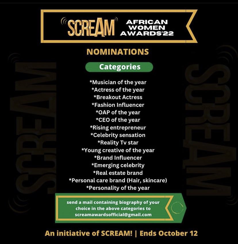 It’s time to nominate someone #ScreamAfricanWomenAwards 

instagram.com/p/CjD6iBPM8C-/…
