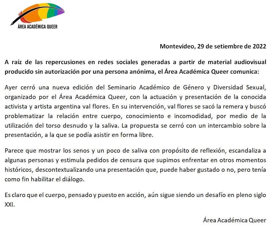 Compartimos el comunicado de les compañeres del Área Académica Queer: