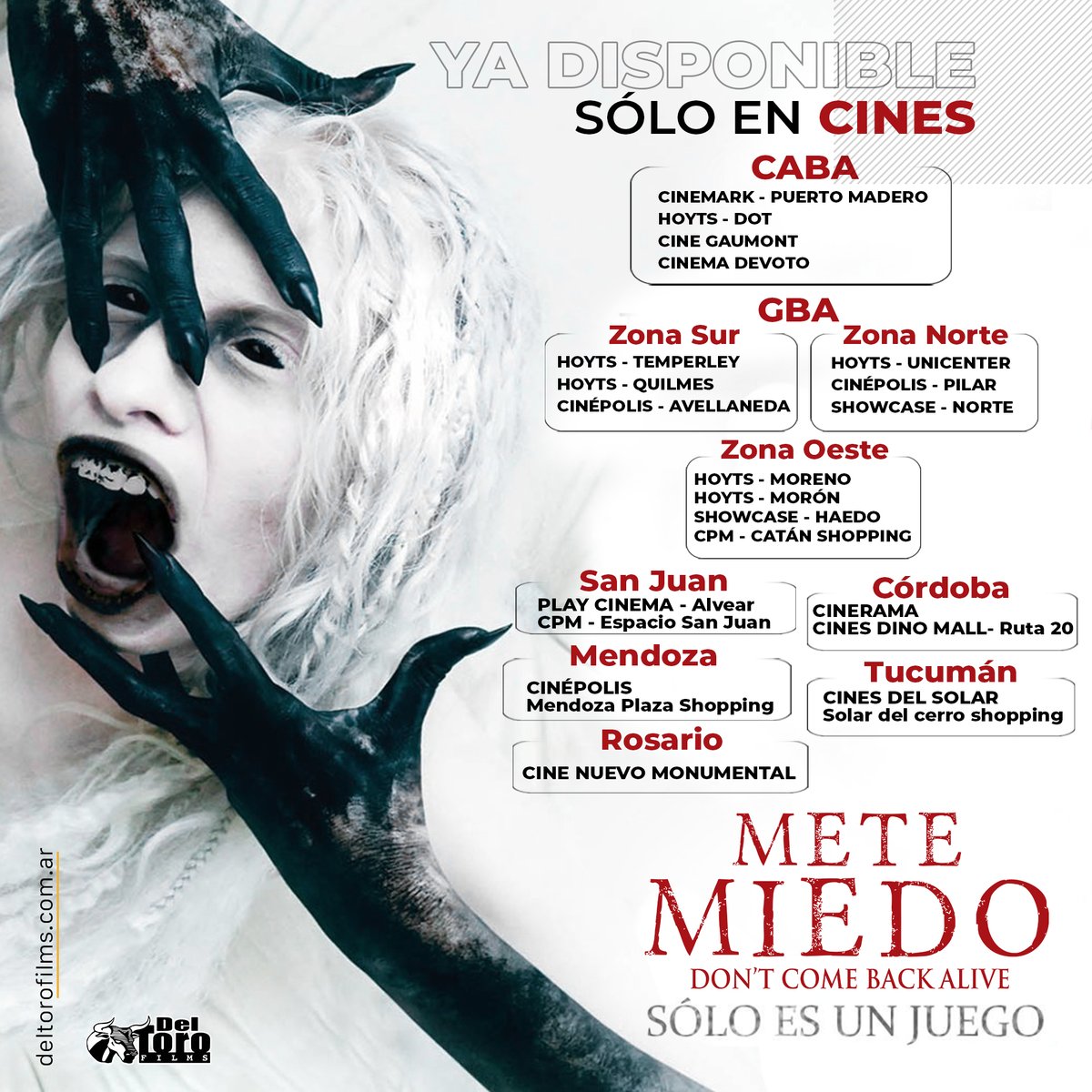 💀#MeteMiedoPelicula – SÓLO EN CINES💀
¡Encontrá tu sala más cercana!

¿Con quién vas a ir a verla? Se viene una noche terrorífica😈

ENTRADAS A LA VENTA EN🔻
deltorofilms.com.ar/comprarentradas

#MeteMiedoPelicula #DontComeBackAlive  #TerrorSobrenatural #ThrillerSobrenatural #EstrenoenCines