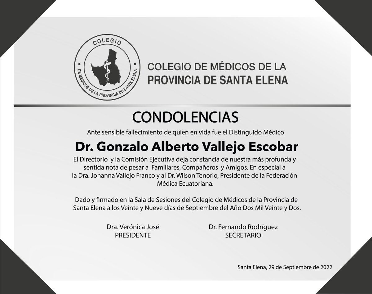 CMProSantaElena's tweet photo. 🕊NOTA DE PESAR | El Colegio de Médicos de la Provincia de Santa Elena expresa su profundo pesar por la irreparable pérdida a nuestros colegas Médicos especialmente al Dr. Wilson Tenorio, Presidente de la @FME_Ec. https://t.co/g2ZdAe0uTS