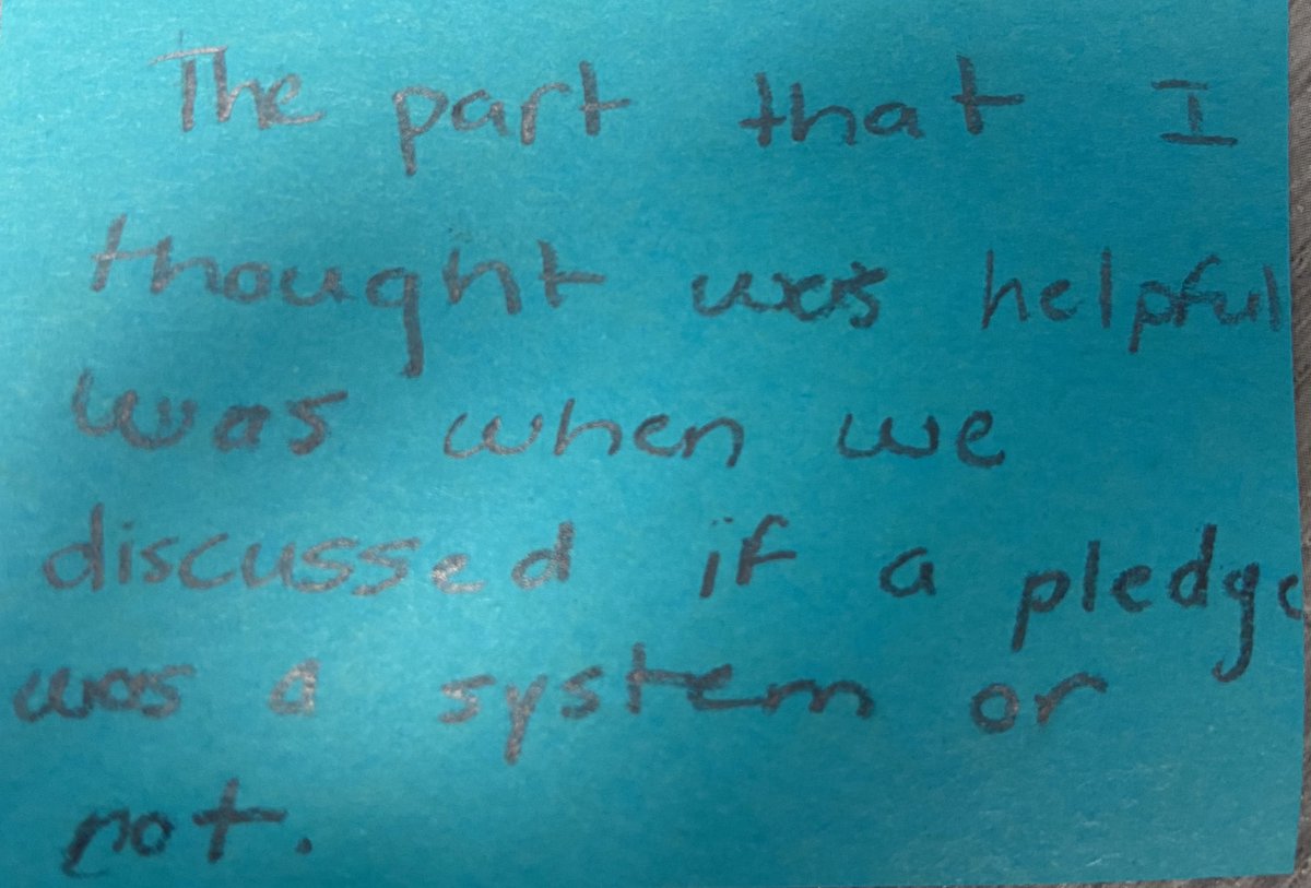 MoutonSaundra's tweet photo. Had the best time with 5th graders today deciding if the Pledge of Allegiance was part of a system. Asked them afterwards when the learning was good for them and when it was a challenge. Responses in photos. #CBCI #conceptbased https://t.co/kAFAmIBt6G