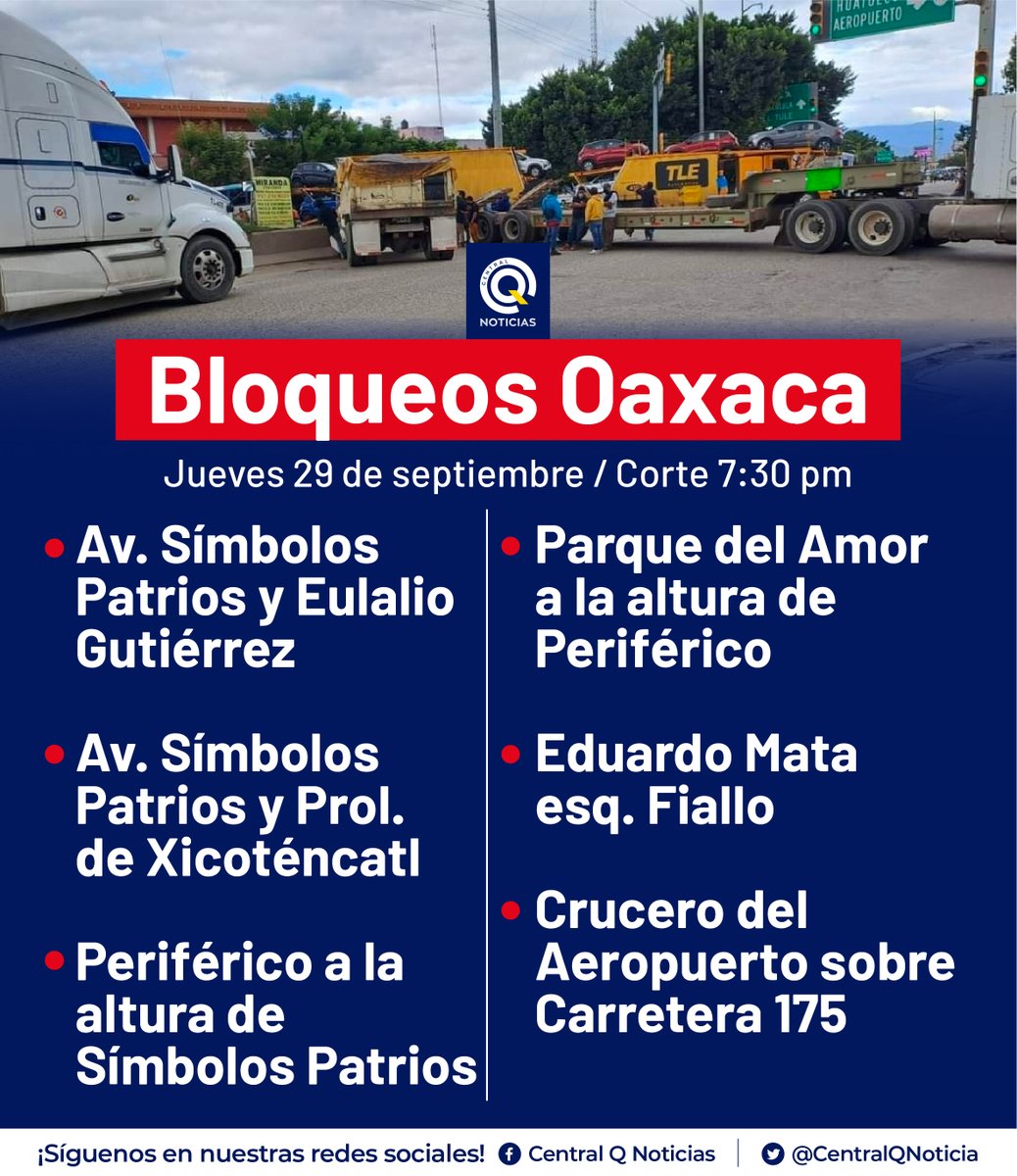 CentralQNoticia's tweet photo. 🔴 #ÚltimaHora / Inician bloqueos en Oaxaca, tome sus precauciones.

#CentralQNoticias #Oaxaca #Noticias 
https://t.co/Fc7a4YKS9f https://t.co/w49ahGiQBq