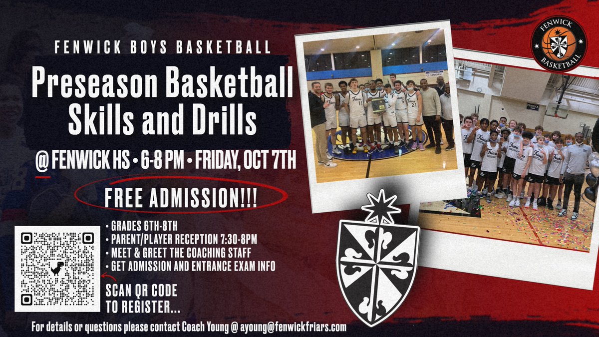 Calling all middle school boys! Are you interested in playing basketball at Fenwick? Or maybe you want to sharpen your skills? Come check out the FREE basketball camp for 6th-8th grade boys at Fenwick on next Friday evening! Scan the QR code to register. We hope to see you there!