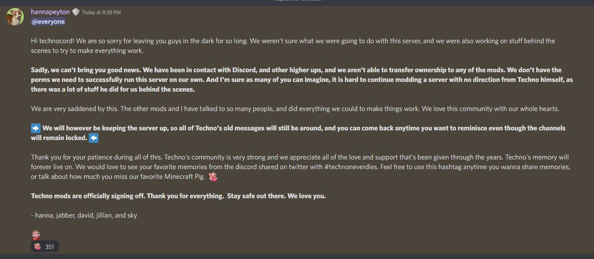 Skypowergirl's tweet photo. i've loved this community so much. thank you all for being part of something so amazing. this is what we are doing with the discord- we hope that you all continue to be creative, and never forget about his impact on all of our lives. thank you, and take care.
#technoneverdies https://t.co/XVsCEISYwg