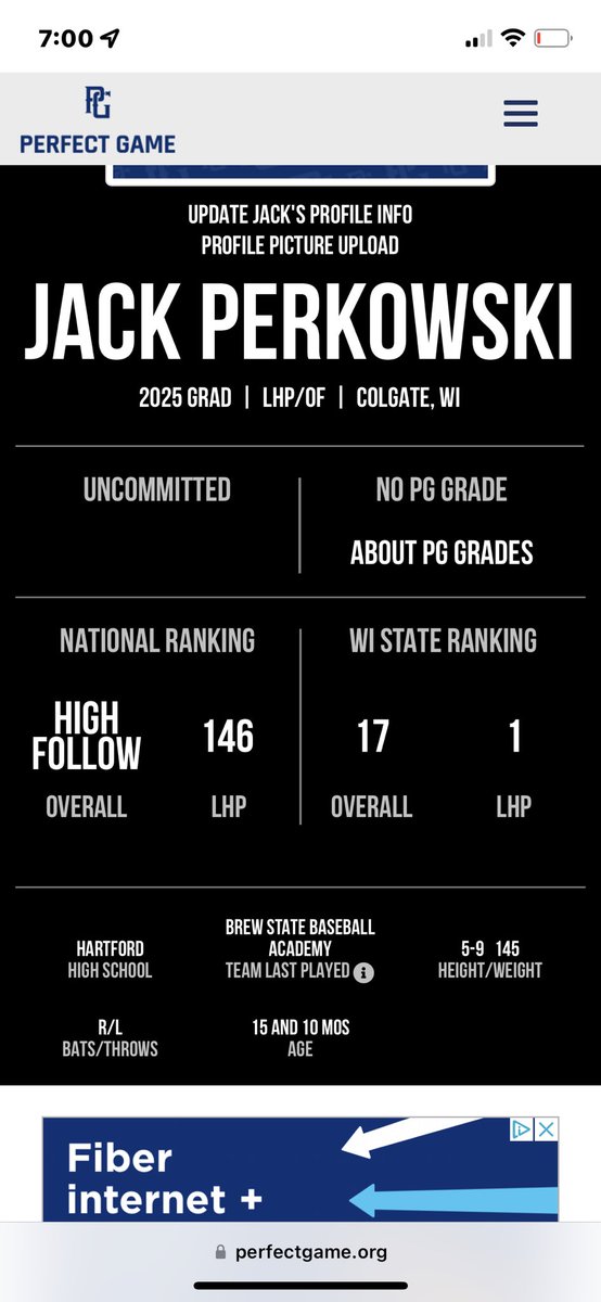 jack_perkowski's tweet photo. Thank you @perfectgame for the ranking. Just a start. @chadtindall @pbrwisconsin @HUHS_Baseball https://t.co/TwZU80KIOK
