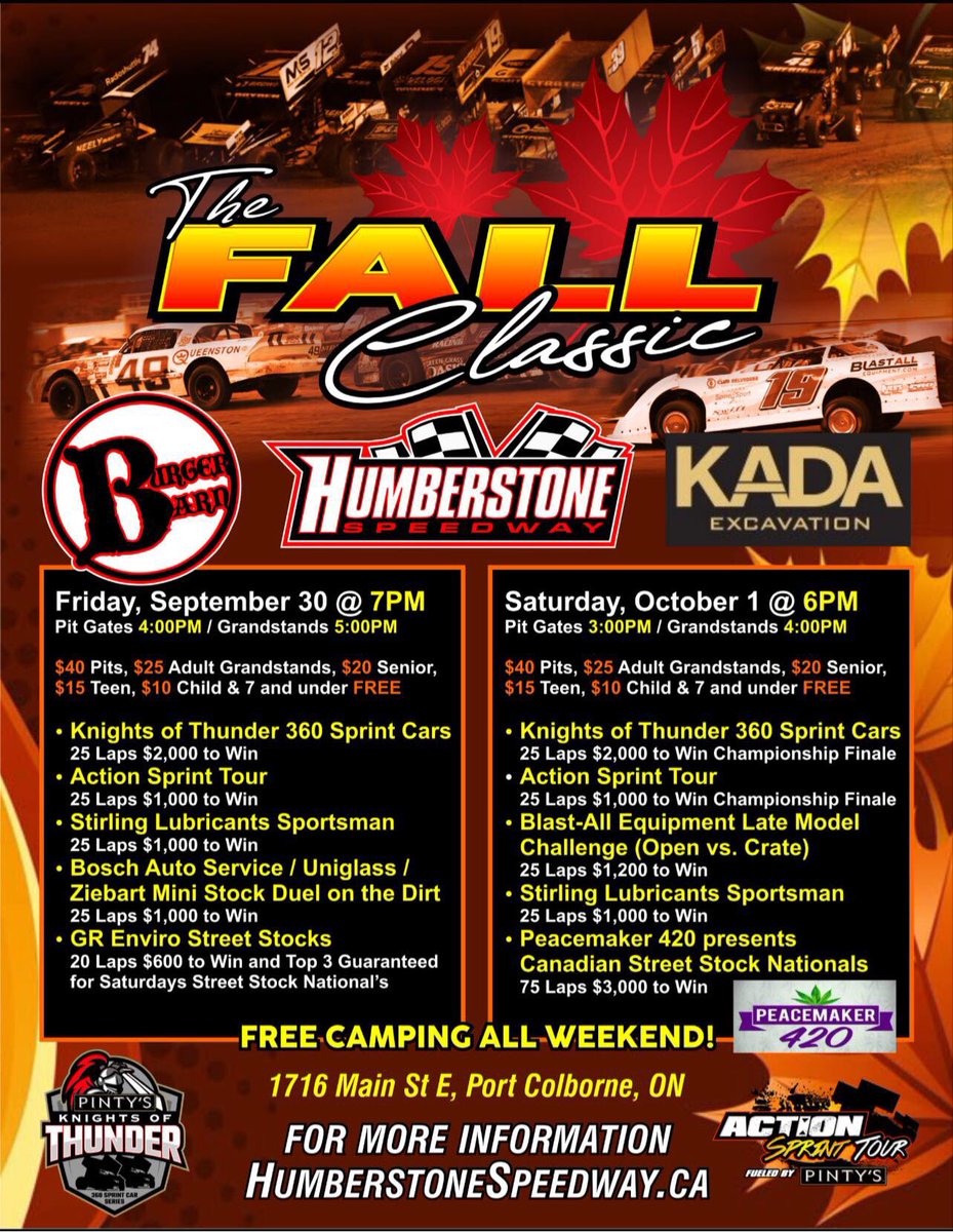 ActionSprints's tweet photo. Last chance to see Sprint Cars in Ontario this year! Join us at Humberstone Speedway this weekend or watch live on GForceTV.
#knightsofthunder #actionsprinttour #humberstonespeedway #dirttrackracing #sprintcarracing https://t.co/bruSg68cec
