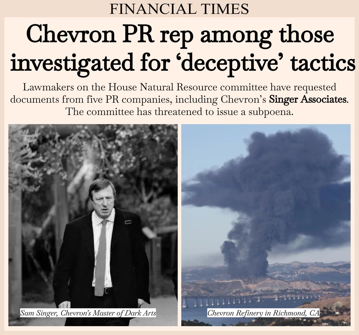 SDonziger's tweet photo. BREAKING: US lawmakers demand @Chevron PR hack @Samsinger turn over documents related to the company’s decades-long deception on the climate crisis and Ecuador. Chevron pays Singer to run several fake news sites.

How is Singer going to spin this one?
https://t.co/j4HUBa9Ci4 https://t.co/C4O3qbF3gI