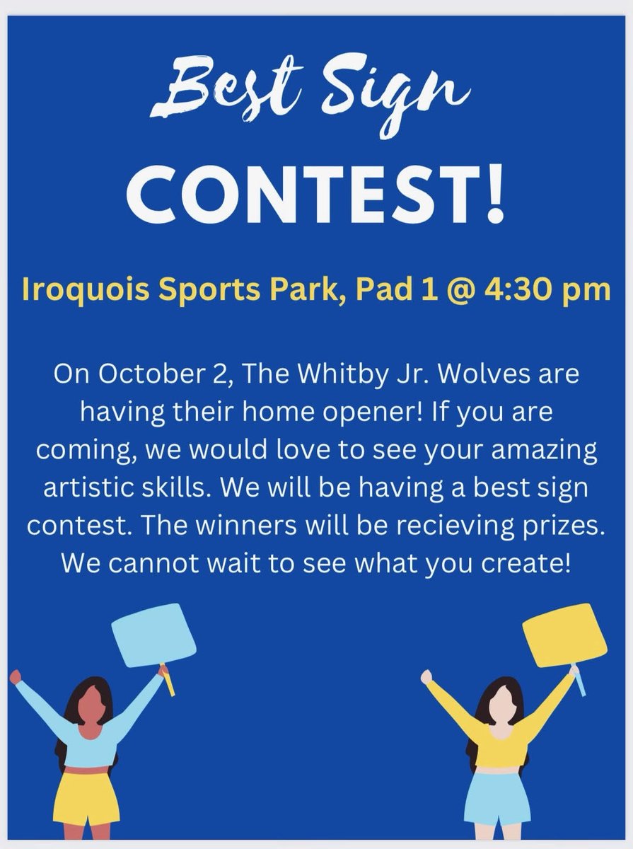 Come cheer on the Whitby Jr Wolves this Sunday, 4:30pm at Iroquois Park, Pad #1 as the Wolves battle the Toronto Jr Aeros in their Home Opener! Wear your Wolves jersey and enter the Best Sign Contest!