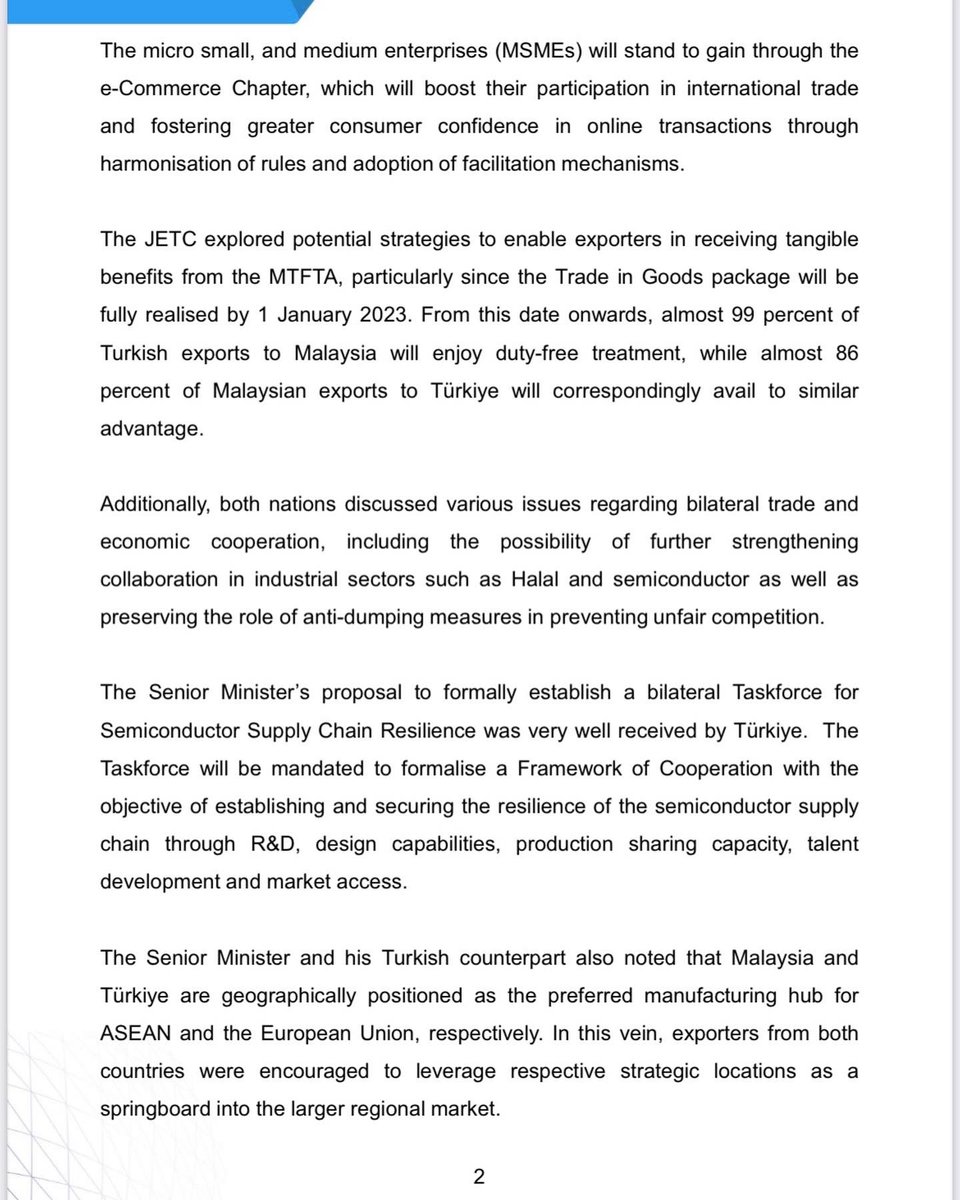 MITIMalaysia's tweet photo. Media release on the MOMENTOUS INAUGURAL MEETING OF THE JOINT ECONOMIC AND TRADE COUNCIL (JETC ) KICKS OFF IN ANKARA (30 September 2022)
#EconomicFrontliners https://t.co/DKFk58OxFE