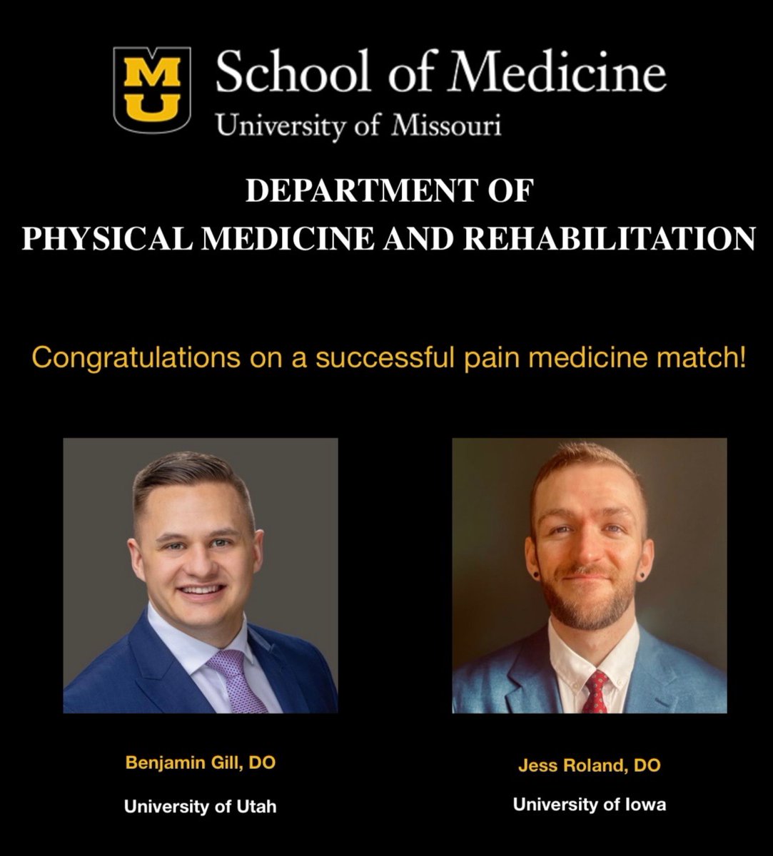 University of Missouri Department of PM&R (@mizzoupmr) on Twitter photo It feels like it was just yesterday that Drs. <a href="/benjamin_gill/">Benjamin Gill, DO, MBA</a> and <a href="/JessRolandDO/">Jess Roland, DO</a> started at <a href="/MizzouPMR/">University of Missouri Department of PM&R</a>
Congratulations on your successful matches into ACGME pain fellowships
<a href="/uiowa/">University of Iowa</a> and <a href="/UofUtahPain/">University of Utah Pain Medicine</a> are very lucky to have these excellent doctors! It feels like it was just yesterday that Drs. <a href="/benjamin_gill/">Benjamin Gill, DO, MBA</a> and <a href="/JessRolandDO/">Jess Roland, DO</a> started at <a href="/MizzouPMR/">University of Missouri Department of PM&R</a>
Congratulations on your successful matches into ACGME pain fellowships
<a href="/uiowa/">University of Iowa</a> and <a href="/UofUtahPain/">University of Utah Pain Medicine</a> are very lucky to have these excellent doctors!
