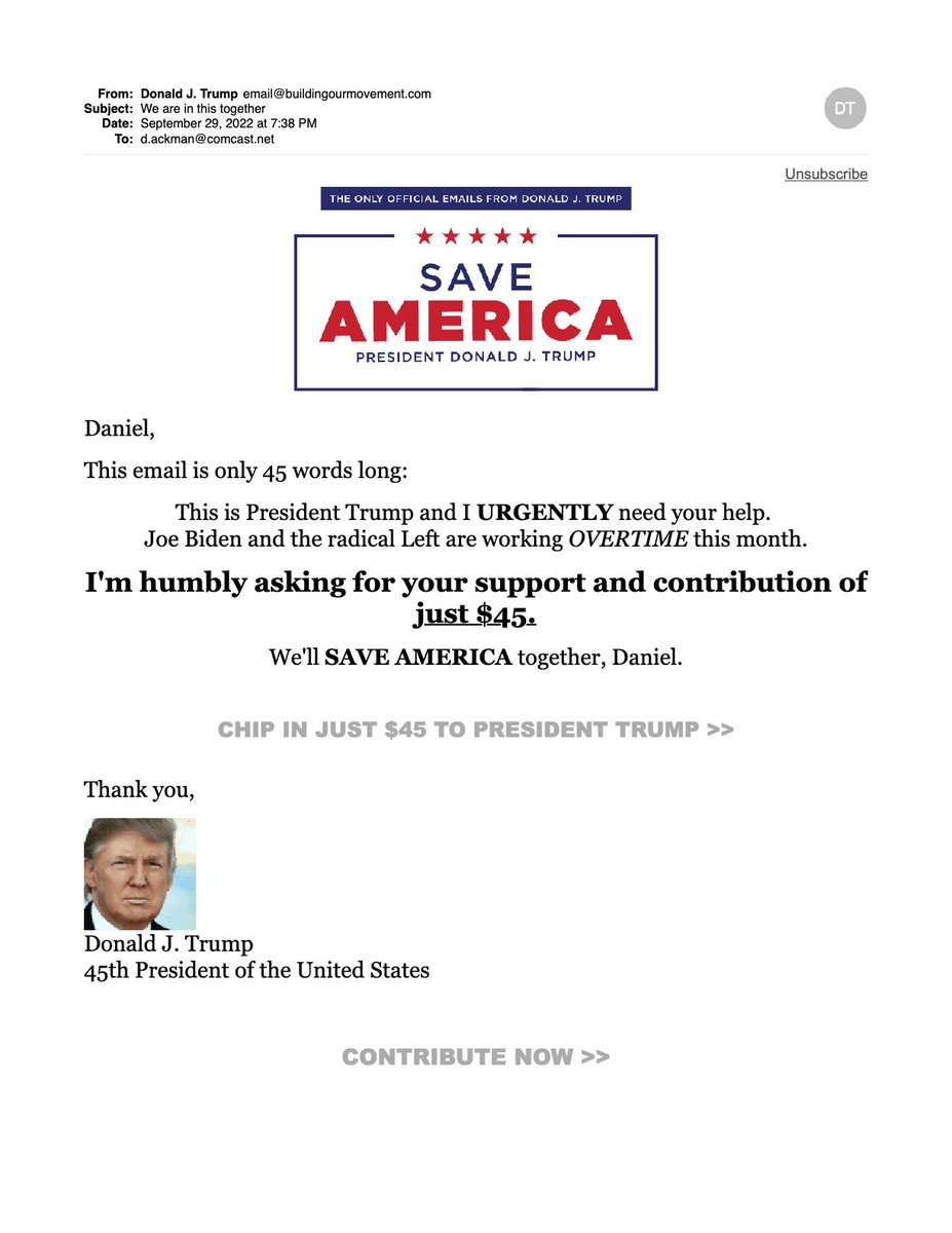 ackman_daniel's tweet photo. This is sick even for Trump. Today I get an email from him. Not unusual. But this one has the subject "We are in this together." Oh, nice, I think, he is sending thoughts  maybe even money to his neighbors in Florida. BUT NO. He wants us to send HIM money. Again. Even today. https://t.co/QzlIAkV1cI