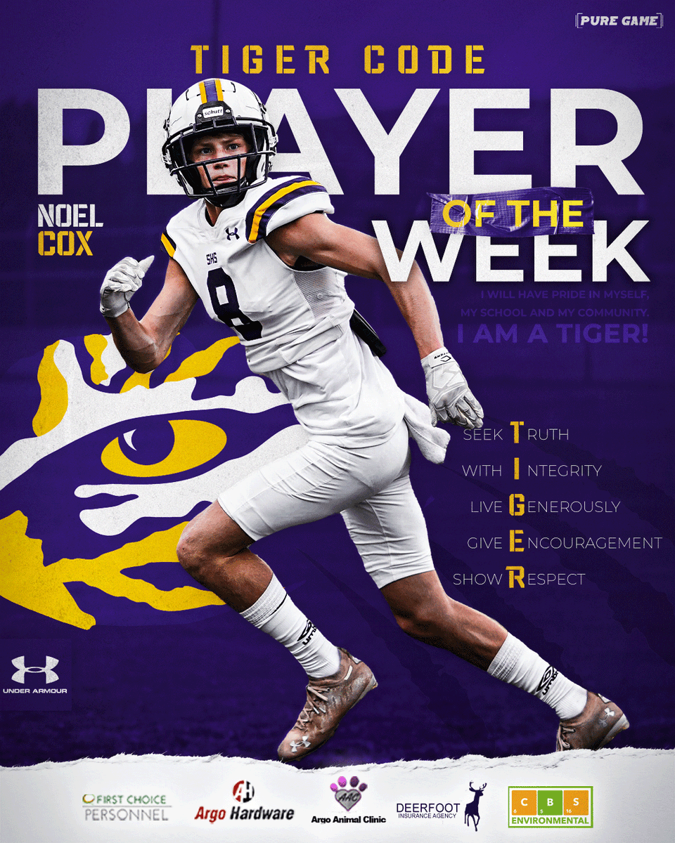Our Tiger Code Player of the Week is Junior receiver Noel Cox! Noel will challenge anyone and is one of the fiercest competitors you’ll ever meet! His drive makes those around him want to raise their level of play. We’re glad to have Noel on our team! #TigerCode