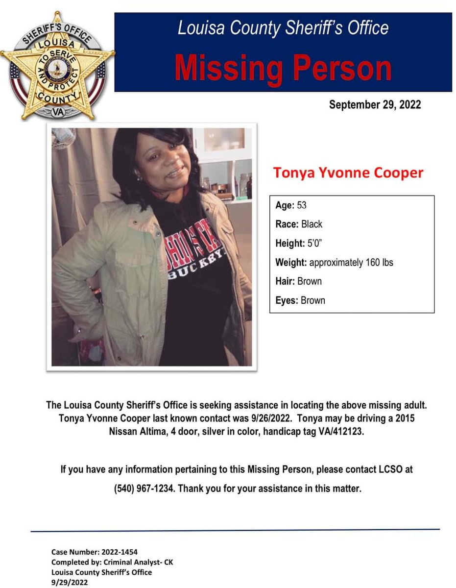 #CentralVirginia #LouisaCounty please keep your eyes open. I knew Ms. Cooper to be an incredibly kind person and dedicated mom.