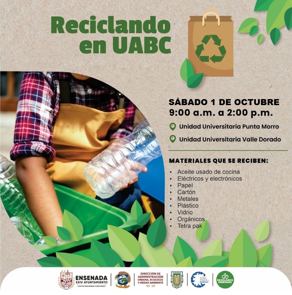 UabcEnsenada's tweet photo. La Vicerrectoría Campus Ensenada te invita a la jornada "Reciclando en UABC". 

Acude este 1 de octubre de  2022 de 9:00 am a 2:00 pm a alguna de las Unidades Universitarias: Punta Morro / Valle Dorado. https://t.co/K0BQ9MirNV