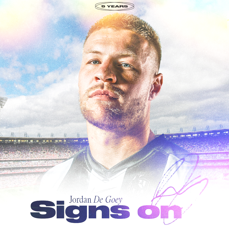 CollingwoodFC's tweet photo. Jordan De Goey has signed a five-year contract extension to remain a Magpie until at least the end of 2027 🔒