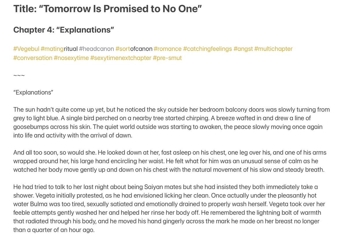 vegebulfanfics's tweet photo. Here is the next chapter of the #vegebul #fanfiction I wrote last year
Fic Title: “Tomorrow Is Promised to No One”
Ch 4: “Explanations”
#talkingaboutsex #nosmutthischapter #matingritual #comedy #angst
Next Ch5 will be up before I go to sleep tomorrow. Smut next chapter 💖 https://t.co/2jmDMQV7IX