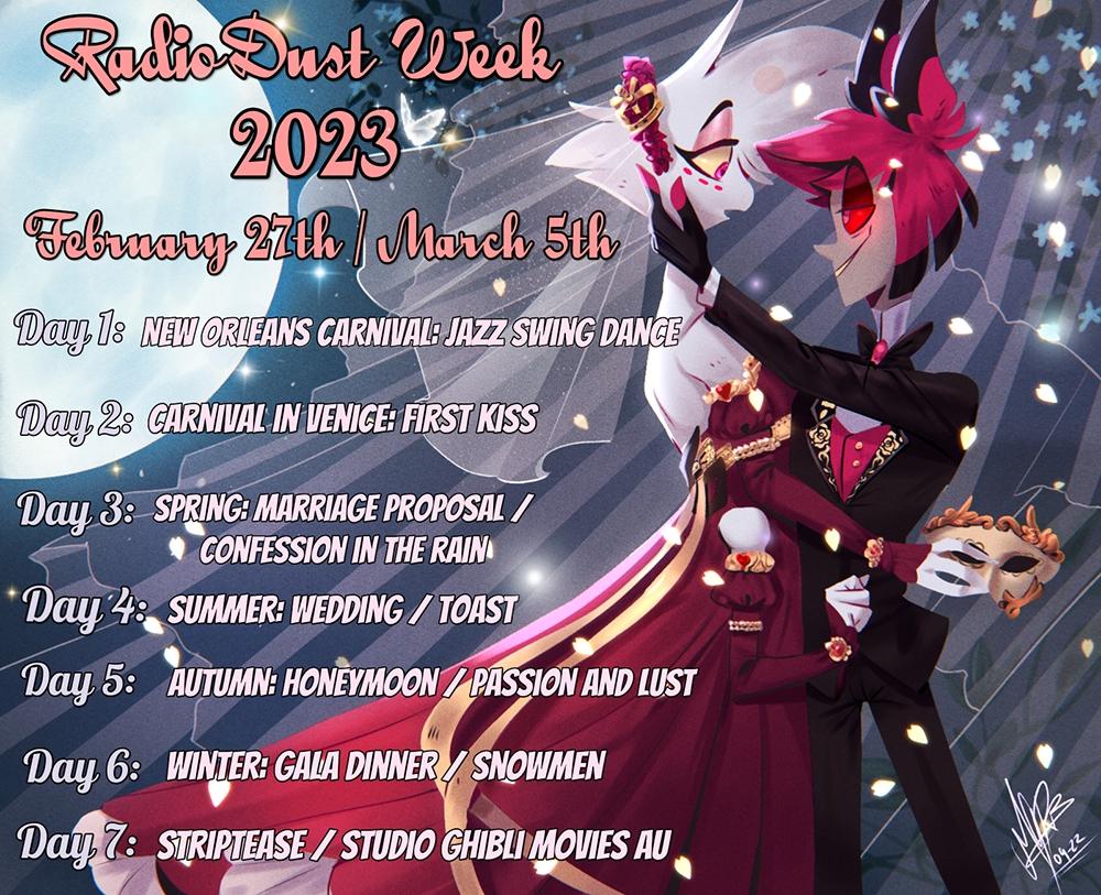 RadiodustVIP's tweet photo. We have great pleasure to announce
🌸RadioDust Week 2023🌸
✨️February 27/March 5✨️
You can participate by sharing your fanarts,fanfics,MVS
Remember to use: #RadioDustWeek_ / #RadioDustWeek
Be part of the training🎙
#radiodust #hazbinhotel #angeldust #alastor
art: @GeryGhosty https://t.co/DTxXsVKAMX