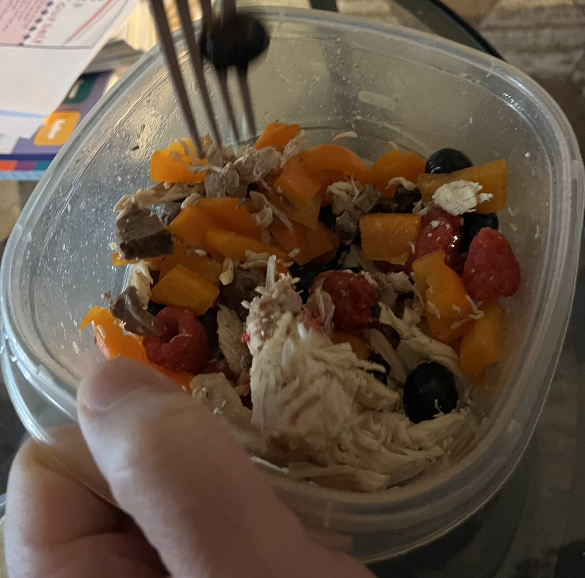 RoyaltyCanadian's tweet photo. OKAY… the husband likes to just throw whatever is in the fridge and eat it. 

In this bowl: roasted chicken, steak, Peppers, RASPBERRIES AND BLUEBERRIES. 

Would you eat this? Seriously. 
#HusbandsofTwitter https://t.co/ygwsxPa2tq