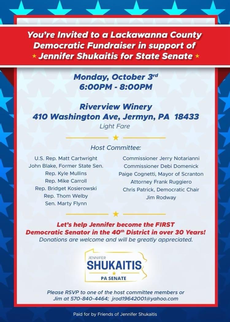 MonroePaDems's tweet photo. Lackawanna County is hosting a fundraiser for JENNIFER SHUKAITIS. Please help us FLIP ๐๐ this critical seat in the #PASenate. We want Jennifer to represent US in Harrisburg! @JenniferforPA #JenniferShukaitis #SD40 #PASD40 #LackawannaCountyPA @WayneCountyDems #MonroeCountyPA https://t.co/5h8pqp8dsc