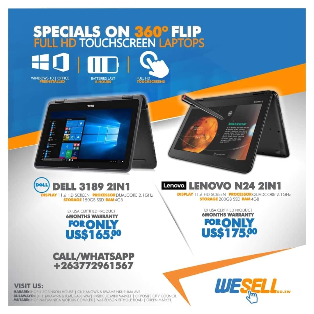 WeSellZw's tweet photo. OUR BEST OF THE BEST PROMOTION ON FULL HD TOUCHSCREEN &amp; 360° FLIP LAPTOPS! 

FOR ONLY US$165, GET YOURSELF A
DELL 3189 2IN1 LAPTOP

&amp; FOR ONLY US$175, GET YOURSELF A
LENOVO N24 2IN1 LAPTOP

#Wesell #YourTechnologyMarketplace https://t.co/tbTXoDYmI5