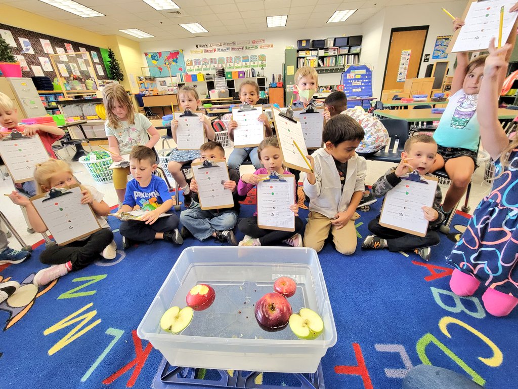 KaitReder's tweet photo. Experiencing science 1st hand ✋️🌟🍎 Do apples sink or float??? How about if we take a bite?👄 What about the seeds? 🧐 We discovered ALL the answers today in the best way possible 💚 #GreenvilleES @KNicholson91016 @FCPS1Science @GreenvilleES  #GRSKinderRocks @DrJeck https://t.co/WMDJcMDOGR