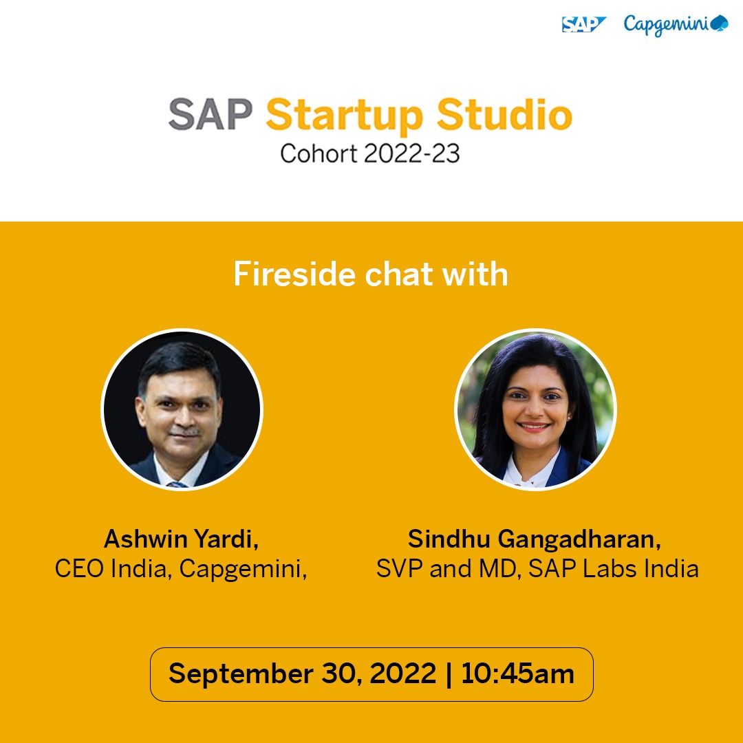 Catch SVP &amp; MD, SAP Labs India, <a href="/gangadharansind/">Sindhu Gangadharan</a> with CEO <a href="/CapgeminiIndia/">Capgemini India</a>, <a href="/AshwinYardi/">AshwinYardi</a> for a Fireside chat.

Startup Cohort Programme 2022- Day 2 

Stay tuned to catch all the insights.