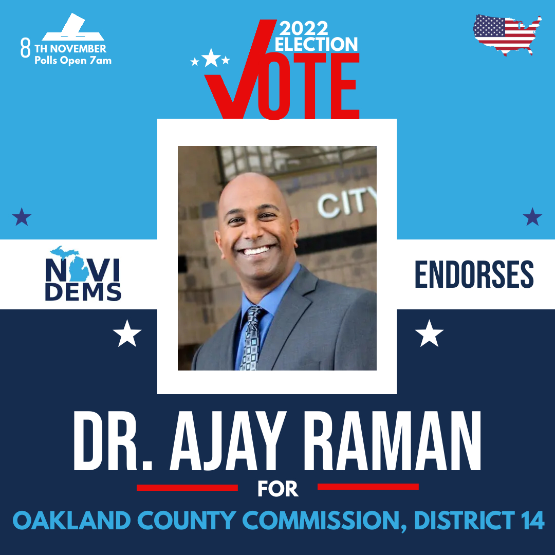 NoviDems's tweet photo. #NoviDemsEndorsementSeries 

Today, we have two County Commissioner endorsements!
In District 14, we have Dr. Ajay Raman (@DrAjayMI )!
In District 15, we have Gwen Markham (@markham_gwen )!

It's not too late to vote absentee! Visit https://t.co/XkpBcEzunN for more info! https://t.co/KmcEYuVWxp