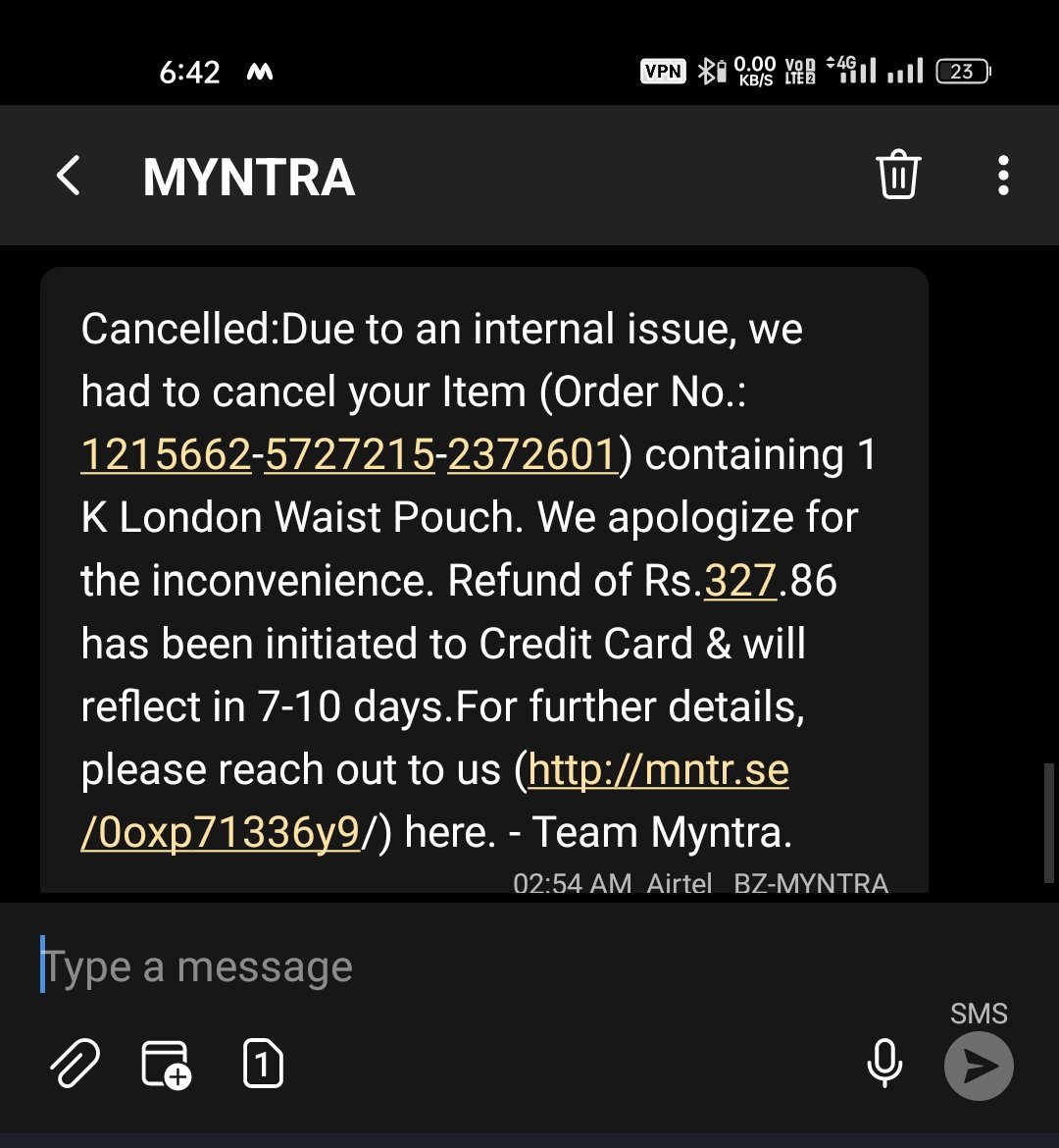 mnilay3's tweet photo. @MyntraSupport
What's going wrong with Myntra?
I placed order on 21st, and today on 30th got msg that 1 order was canceled due to internal issue!
If you cant deliver then inform customers on same/next day. Why waste 10 days! https://t.co/QPLjMZgqWz