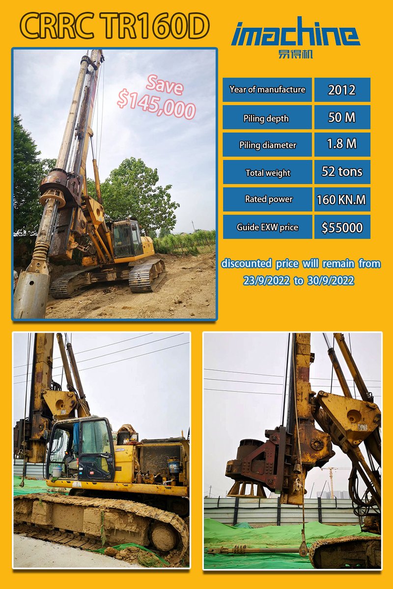 Jessica99854409's tweet image. Several #rotarydrillingrig on special discount. Are you sure you would miss the final chance? Check with #Imachine sales team. 

imachinemall.com / +86 185 7080 5782 / jessica@imachine123.com

#TR160D #XR180D #XCMG #SR220 #SANY
#usedrig #rotaryrig #drillingrig #pilingrig