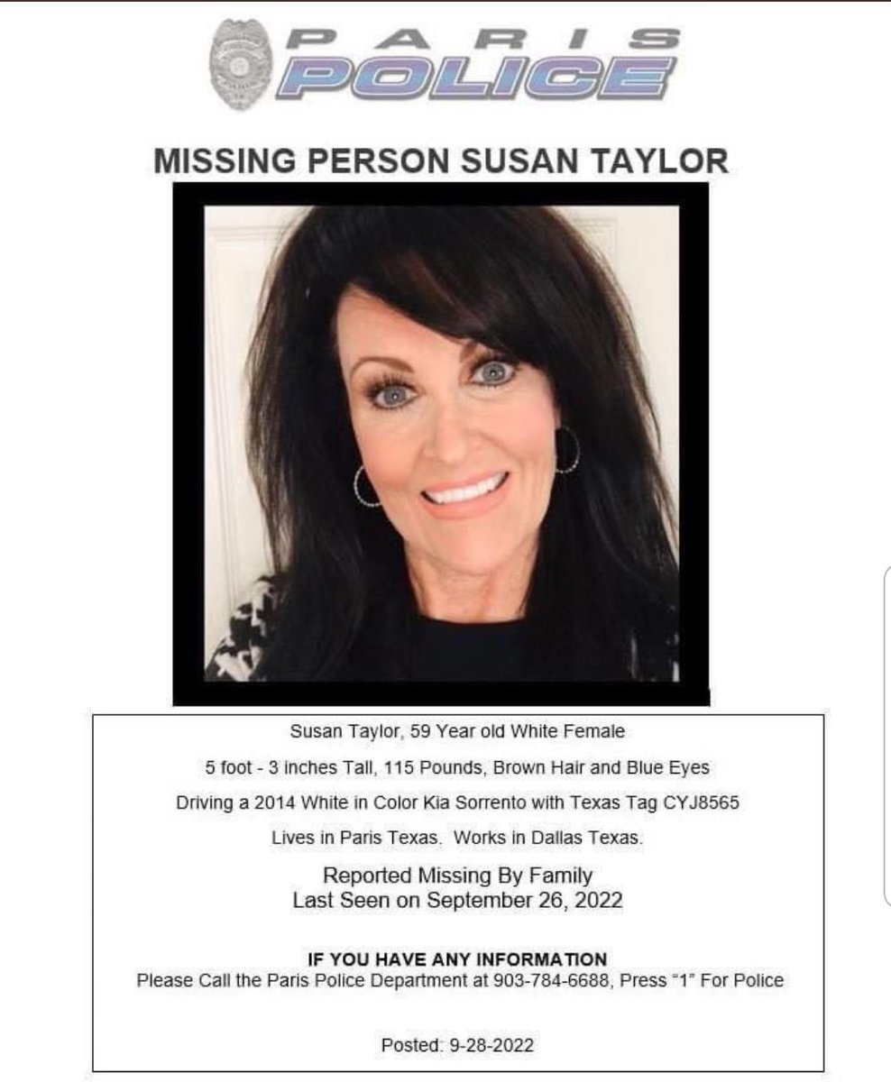 This is personal; a very close friend of mine in Texas sent this to me. She said #SusanTaylor is the Mom of one of her daughter's school friends. Please, use your platforms to get her name and face on SM so she may be found safe.