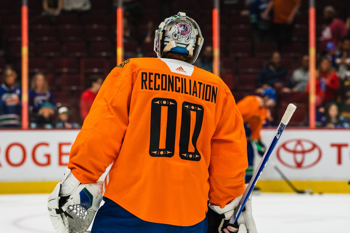 The meaning behind our National Day for Truth and Reconciliation warmup jersey:

The first zero represents the present, that no child is in a residential school today. The second zero represents the future, that no child will have to go to residential schools ever again.