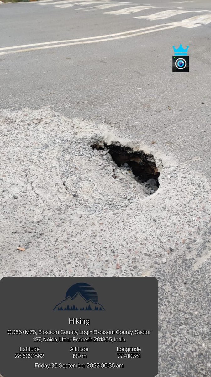 <a href="/noida_authority/">NOIDA Authority</a> please look into this pot hole created by your substandard vendors. Request you to get it repaired on immediate basis, already two vehicles got their axle damaged because of this.
Gps location tagged in image
<a href="/Volunteers1371/">Volunteers137</a> <a href="/lbc_aoa/">LBC AOA</a> <a href="/CeoNoida/">CEO, NOIDA Authority</a>