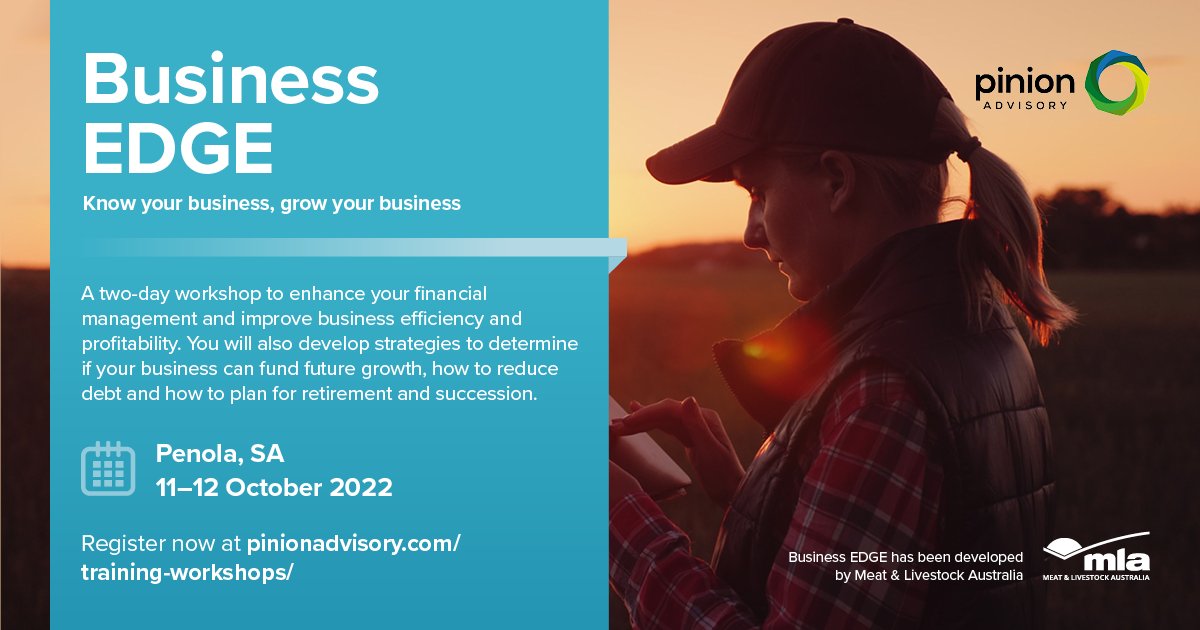 PinionAdvisory's tweet photo. Don’t miss the Business EDGE two-day workshop in Penola, Oct 11 &amp; 12. The workshop is designed to enhance producer knowledge and skills, in financial and business management. It aims to improve business efficiency and profitability. More info/register: https://t.co/FwEDyrj0mg https://t.co/T0aXkbdBwJ