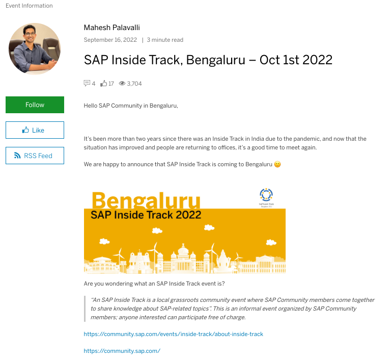 <a href="/SAPInsideTrack/">SAPInsideTrack</a> Bengaluru is a <a href="/SAPCommunity/">SAP Community</a>  event to learn, share <a href="/SAP/">SAP</a> topics and network among SAP Practitioners
Perfect opportunity happening at #GreatPlaceToWork (<a href="/saplabsindia/">SAP LABS INDIA</a>)
agenda blogs.sap.com/2022/09/16/sap…

<a href="/maheshk_p/">Mahesh Palavalli</a> <a href="/lalitmohan7443/">Lalit Mohan</a> <a href="/findingabhi/">Abhishek Chatterjee</a>   <a href="/sitBLR/">SAP Inside Track Bengaluru</a> 
<a href="/thomas_jung/">Thomas Jung</a>