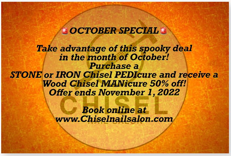 ChiselNail's tweet photo. Be sure to take advantage of this spooky deal 🦇 in the month of October! Appointments are available online! Offer is good until November 1, 2022
🚨SPREAD THE WORD!🚨
https://t.co/V7VopIdyem
#chiselnailsalonformen #pedicuresformen #manicuresformen #getchiseled #octoberspecial https://t.co/aJx9BvGL3t